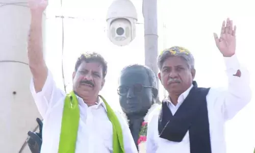 MLC candidate Cheruku Sudhakar along with MRPS president Manda Krishna Madiga in Nalgonda on Friday