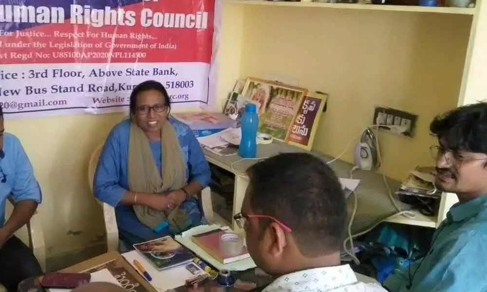 Social Justice for World Human Rights national secretary Mary Neeraja addressing media persons at its office in Kurnool on Saturday.