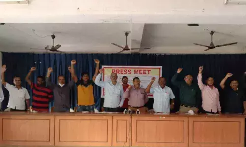 Representatives of Insurance and Bank Employees Associations at a press meet in Karimnagar on Saturday