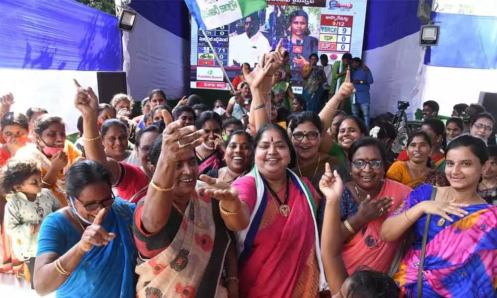 YSRCP women wing celebrating the victory in Municipal elections at YSRCP Central Office in Tadepalli on Sunday