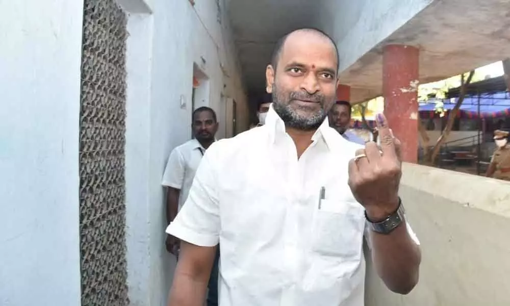 Excise Minister Srinivas Goud coming out of a polling station in Mahbubnagar