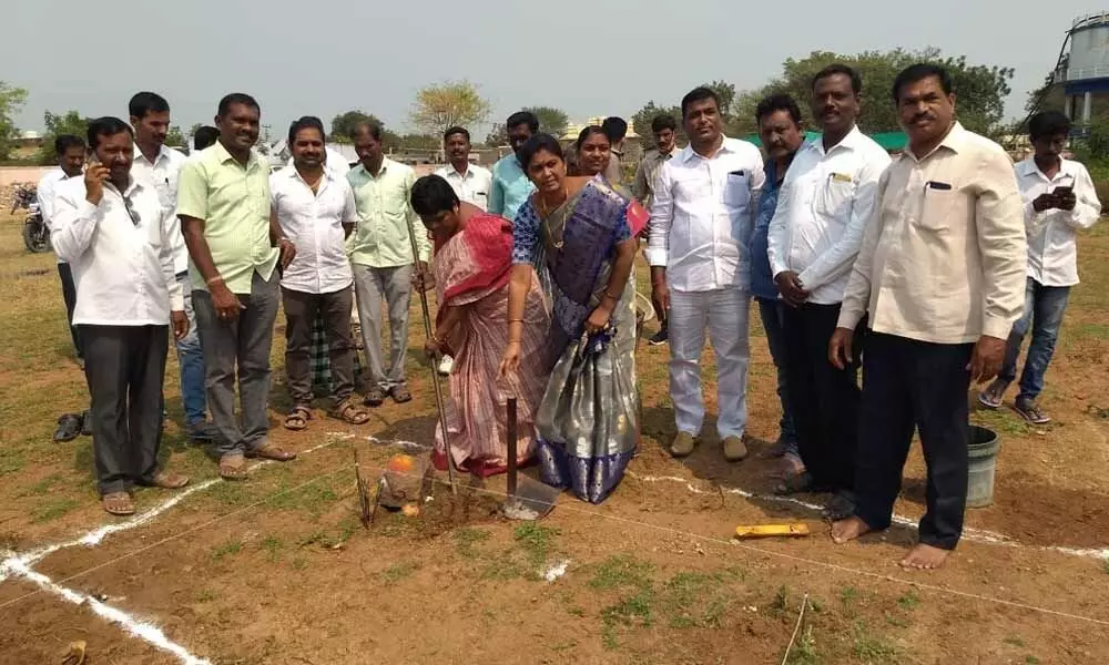 Karimnagar ZP Chairperson Kanumalla Vijaya laying foundation for the construction of additional classrooms at Veenavanka High School on Monday