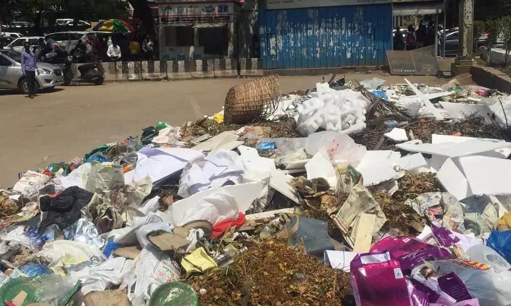 Garbage piled up in the premises of GHMC head office (car parking), laid just a few meters opposite to the government’sAnnapurna (Rs 5 meals) canteen