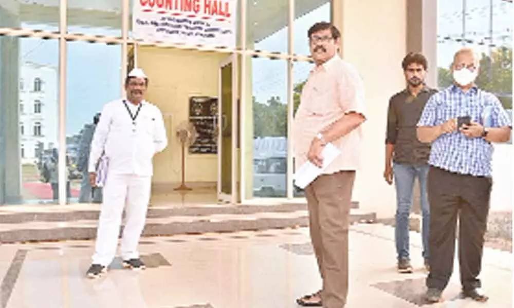 District Revenue Officer and Assistant Returning Officer Ch Sathibabu inspect arrangements for counting of votes for East and West Godavari Teachers MLC elections at JNTU-K on Tuesday
