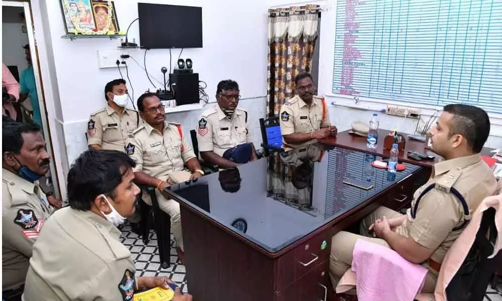 Prakasam SP Siddharth Kaushal interacting with various police officers in Ongole I Town police station on Tuesday