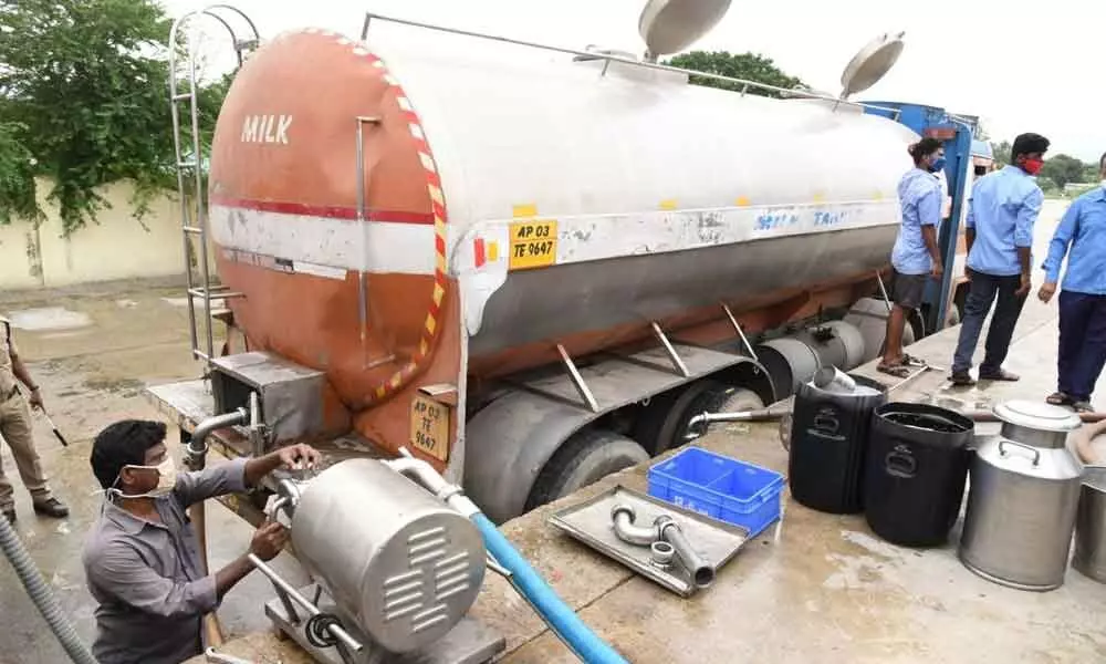 Milk being loaded from a tanker at Renigunta station.