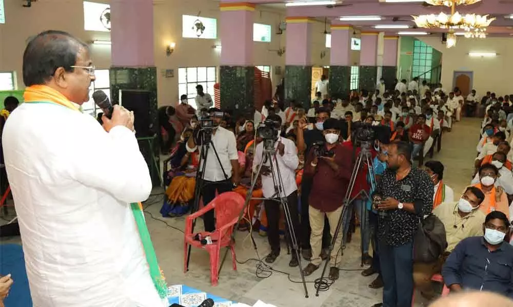 BJP State president Somu Veerraju addressing a meeting of party activists in Tirupati on Friday