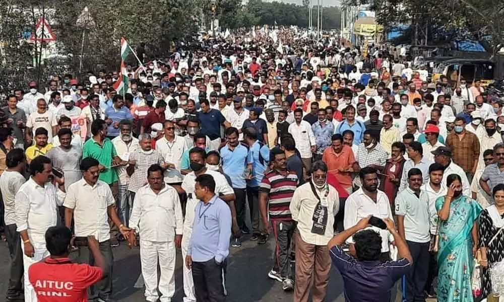 People at a recent rally participating without wearing a face mask and maintaining social distancing in Visakhapatnam