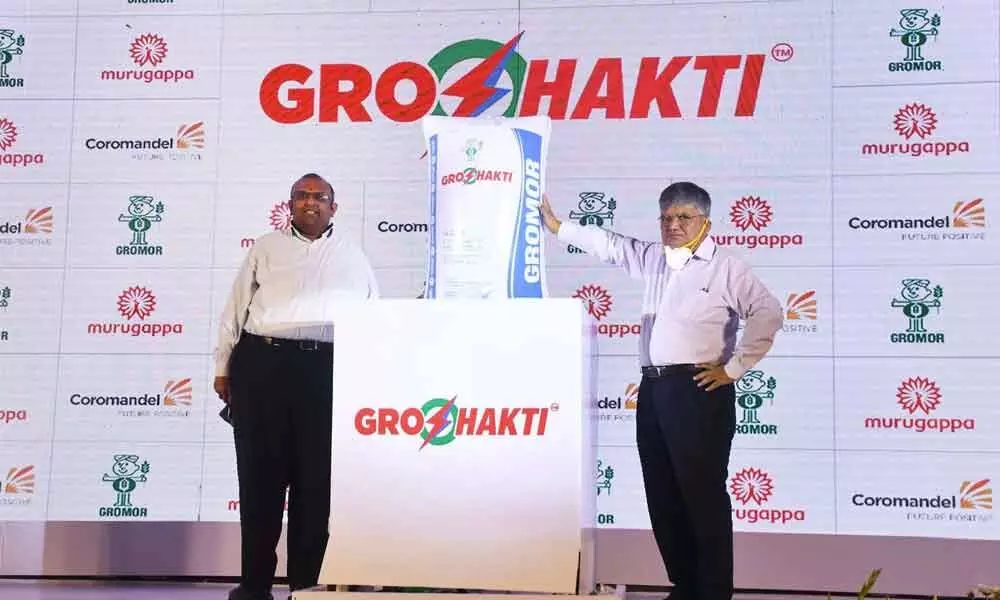 Executive Vice-Chairman of Coromandel International Arun Alagappan and Managing Director Sameer Goel launching the new fertiliser Groshakti in Vijayawada on Friday