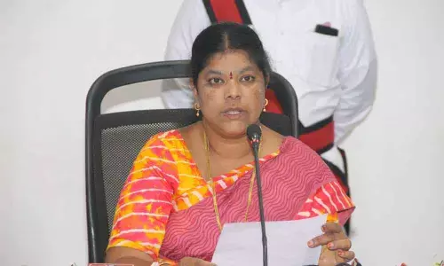 GVMC Mayor Golagani Hari Venkata Kumari speaking at a press conference in Visakhapatnam on Friday