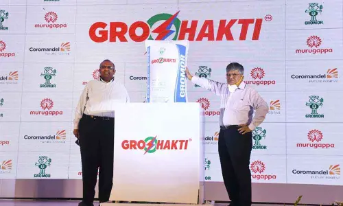 Executive Vice-Chairman of Coromandel International Arun Alagappan and Managing Director Sameer Goel launching the new fertiliser Groshakti in Vijayawada on Friday