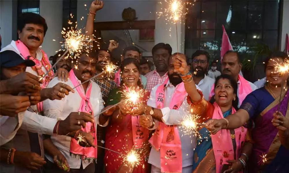 TRS leaders and supporters celebrating victory of party candidates in MLC elections at Telangana Bhavan on Saturday. Photo: Ch Prabhu Das