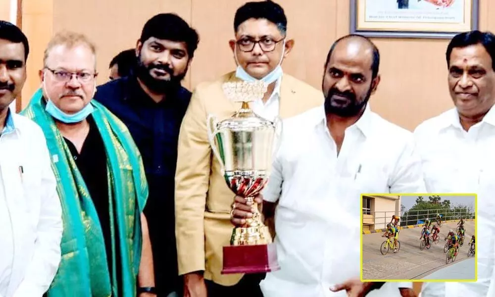 Sports Minister V Srinivas Goud unviels the Trophy of 72nd National Track Cycling Championship Hyderabad