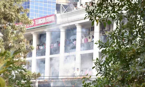 TRS activists trying to douse the flames at the Telangana Bhavan which erupted after the dry bushes on the premises caught fire on Saturday