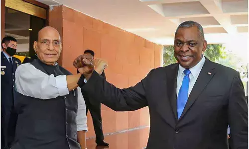 Defence Minister Rajnath Singh and US Secretary of Defence Lloyd James Austin III at Vigyan Bhawan in New Delhi on Saturday