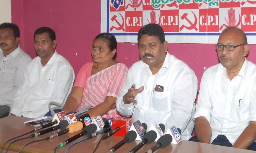 CPI Prakasam district Secretary ML Narayana speaking ata press meet  in Ongole on Sunday