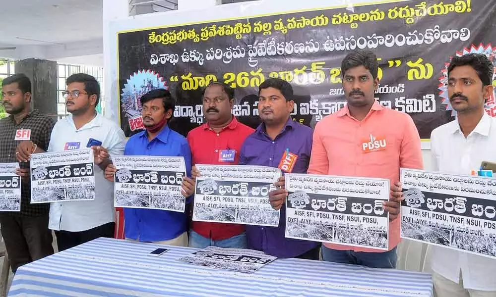 Leaders of youth and students’ organisations releasing poster on bandh in Vijayawada on Sunday