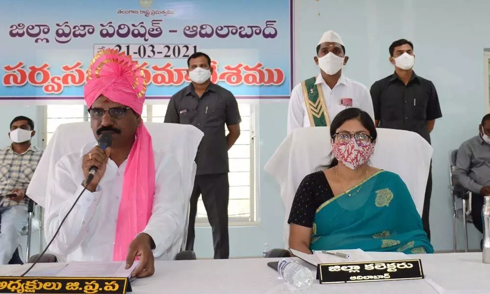 ZP Chairman Rathod Janardhan speaking at ZP general body meeting in Adilabad on Sunday