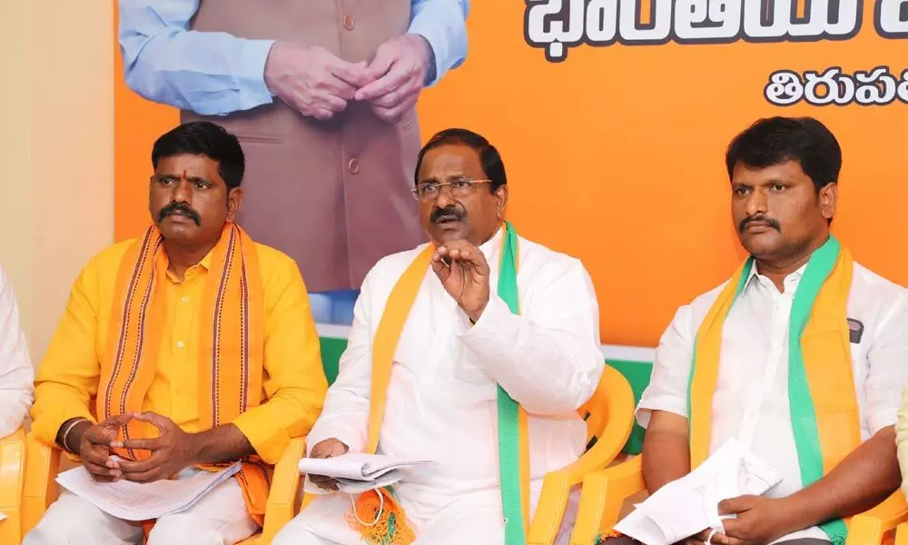 BJP State president Somu Veerraju addressing the media in Tirupati on Sunday