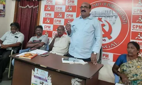 CPM State secretariat member M Saibabu speaking at a meeting in Warangal on Sunday