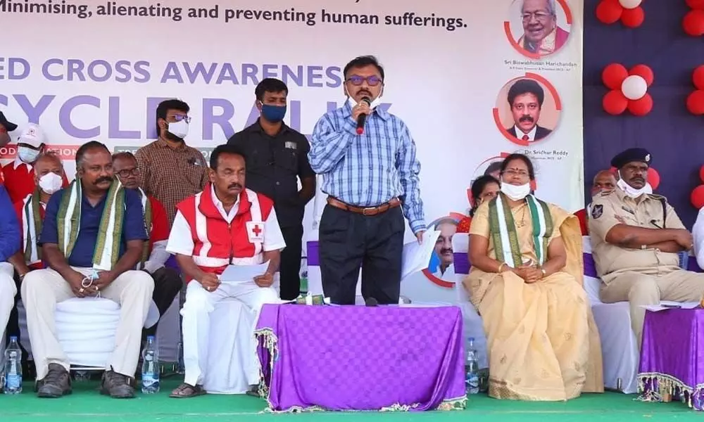 Prakasam District Collector Dr Pola Bhaskara speaking at the centernary celebrations of  Indian Red Cross Society in Ongole on Monday