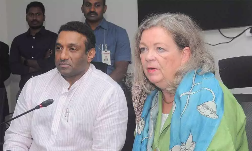Minister of Industries Mekapati Goutham Reddy and German Consul General Karin Stoll addressing the media in Vijayawada on Tuesday