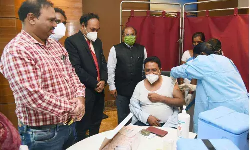 Krishna District Collector A Md Imtiaz inaugurating vaccination centre set up for airport staff Vijayawada on Tuesday