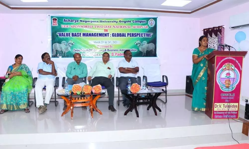 Seminar director Dr B Padmaja addressing the national seminar at ANU PG Centre in Ongole on Wednesday