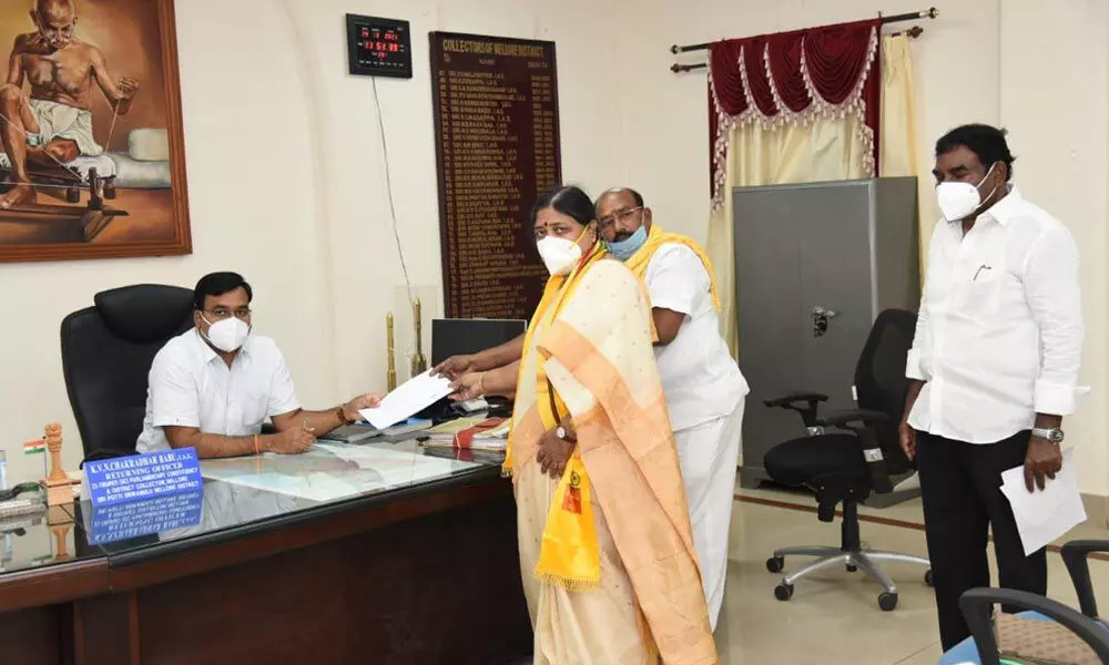 Panabaka Lakshmi, TDP candidate for the by-election to Tirupati Lok Sabha constituency, filing her nomination papers in Nellore on Wednesday
