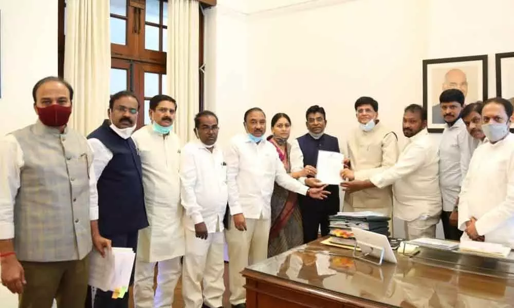 A delegation of TRS MPs led by MP Nama Nageswara Rao submitted a representation to Railway Minister Piyush Goyal in New Delhi