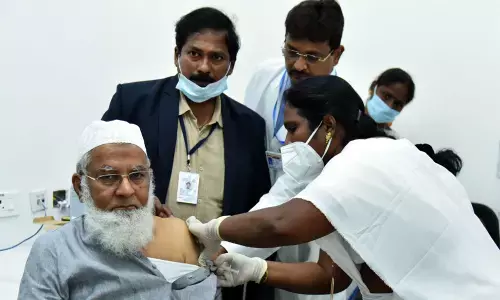 AP Legislative Council Chairman Shariff Mohammed Ahmed receiving Covid jab at the council at Velagapudi on Wednesday