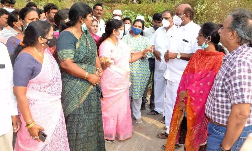 GVMC Mayor G Hari Venkata Kumari and Municipal Commissioner G Srijana during a visit to the ninth ward in Zone-II in Visakhapatnam on Thursday