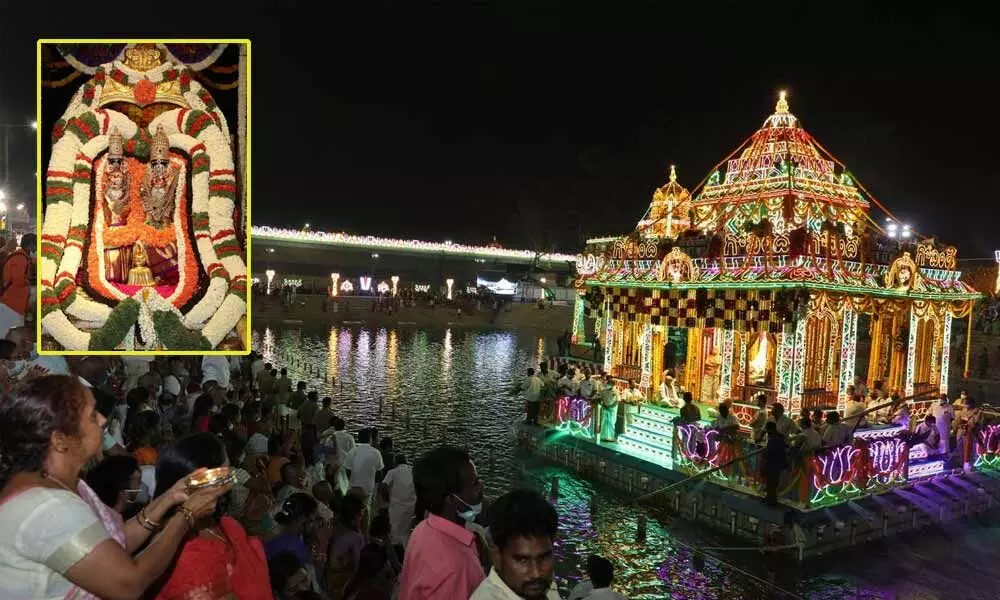 Float festival of Sri Rukmini Sameta Sri Krishna Swamy at Tirumala on Thursday.  (Inset) Idols of the Lord and Goddess.