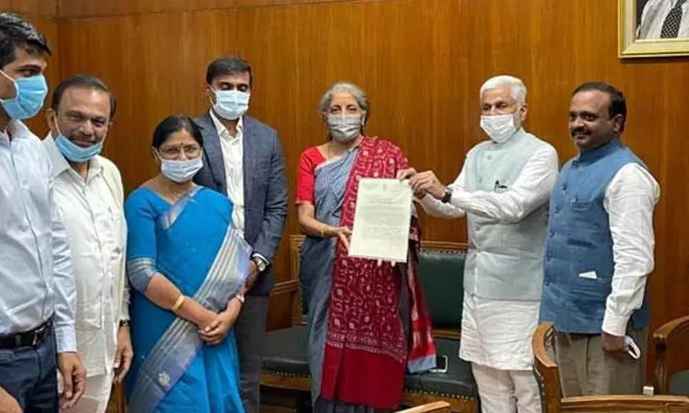 YSRCP MPs submit a memorandum to Union Finance Minister Nirmala Sitharaman against privatisation of VSP (file picture)