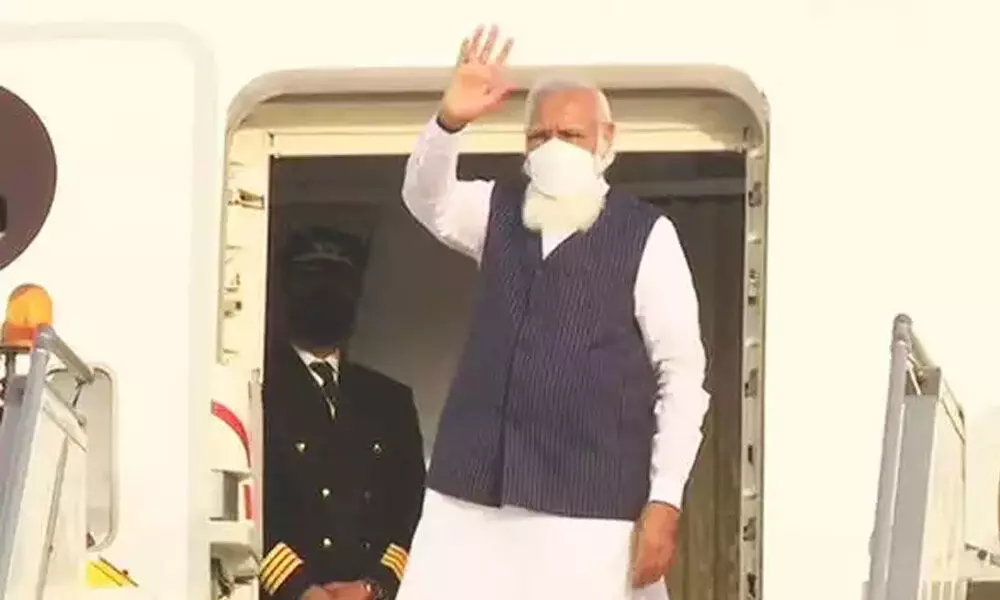 Prime Minister Narendra Modi left for Bangladesh on Friday on a two-day visit during which he will take part in a wide range of programmes aimed at furthering cooperation between the two countries.