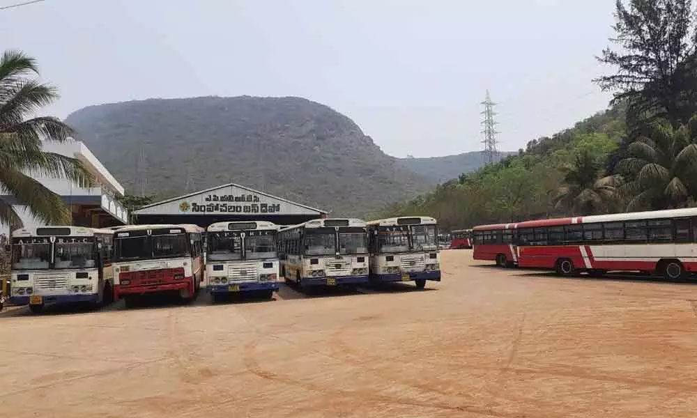 A fleet of buses confined to Simhachalam depot as a part of the Bharat Bandh observed in Visakhapatnam on Friday