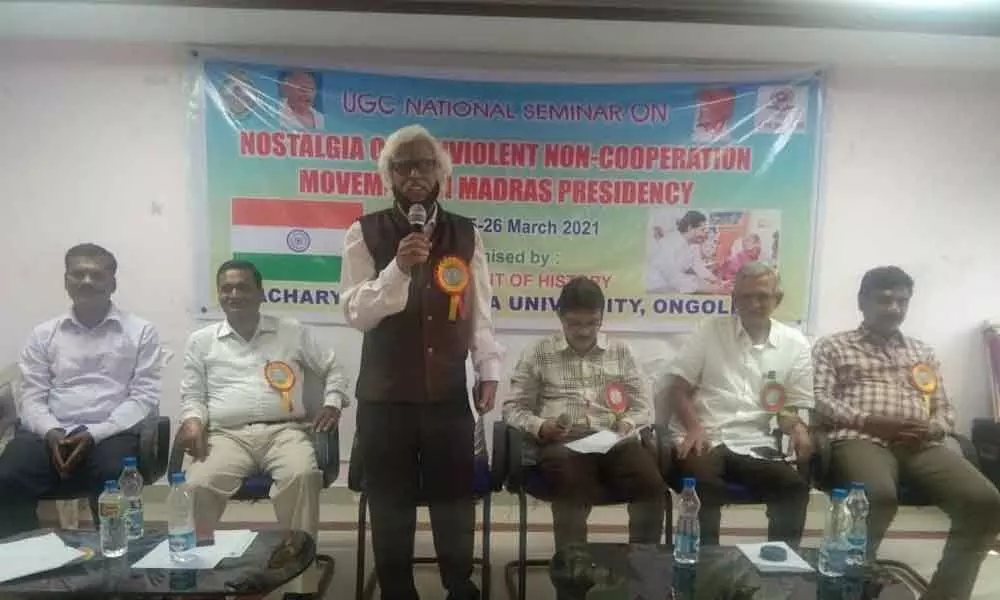 Retired professor at the University of Hyderabad Atlury Murali delivering keynote address at national seminar in Ongole on Friday