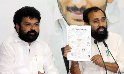 Mangalagiri MLA  Alla Ramakrishna Reddy(RK) and Bapatla MP Nandigam Suresh Babu addressing the press conference at YSRCP Central Office in Tadepalli on Friday