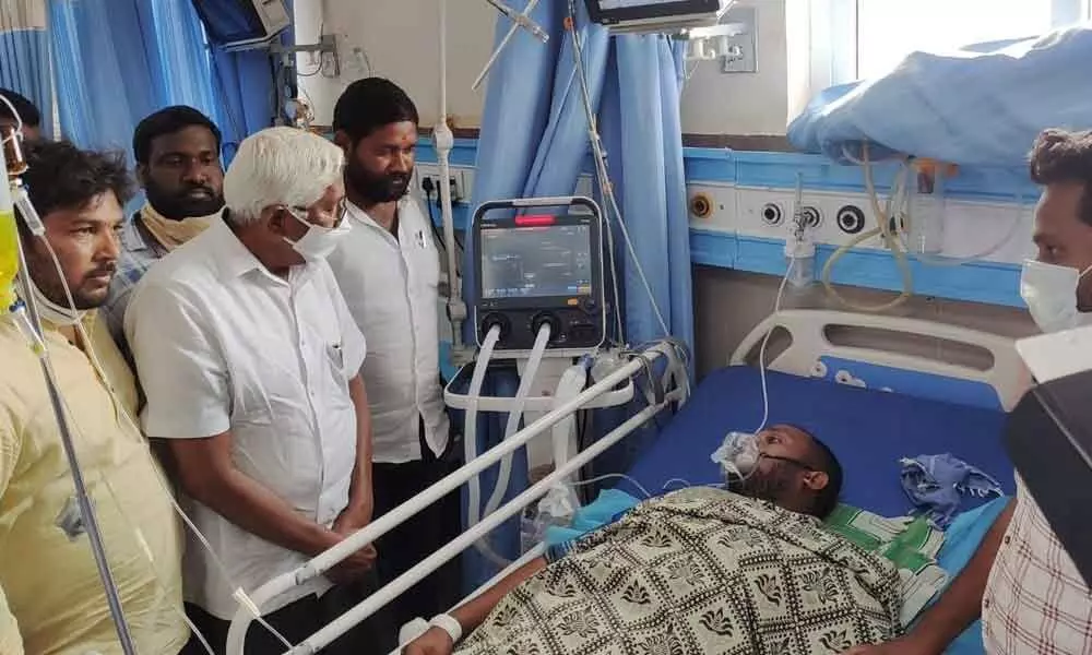 Telangana Jana Samithi founder president Prof Kodandaram visiting Boda Sunil at Mahatma Gandhi Memorial Hospital