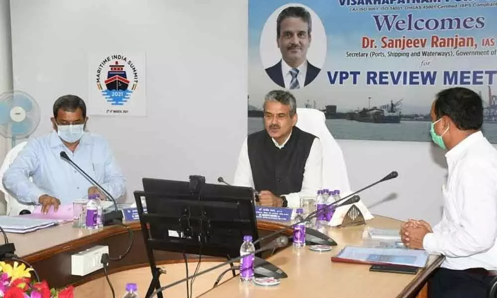 Secretary of Ministry of Ports Shipping and Waterways (MoPSW) Sanjeev Ranjan interacting with VPT Chairman K Rama Mohana Rao during his visit, on Sunday