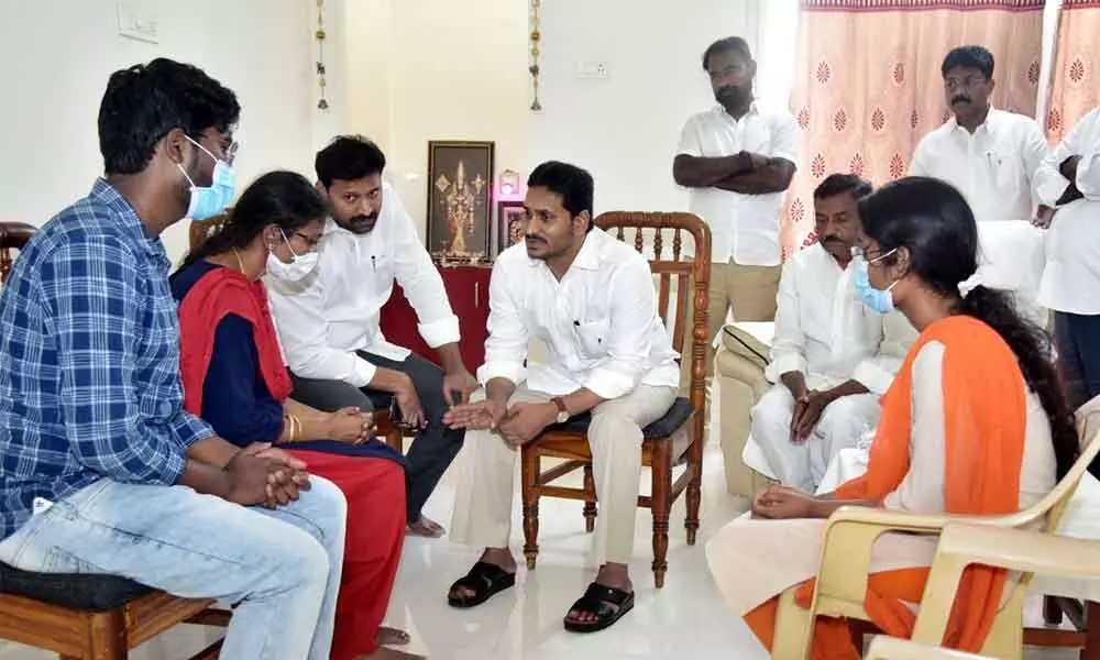 Chief Minister Y S Jagan Mohan Reddy consoling the family members of Badvel MLA  Dr G Venkata Subbaiah in Kadapa
