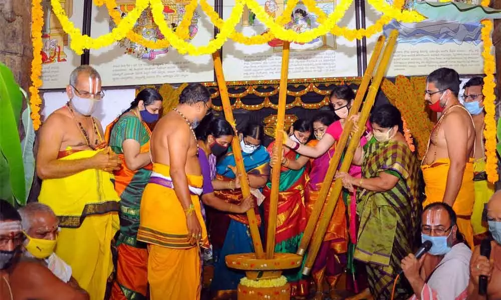 Priests commencing Brahmotsavam works on the premises of Sri Sita Ramachandra Swamy temple in Bhadrachalam on Sunday