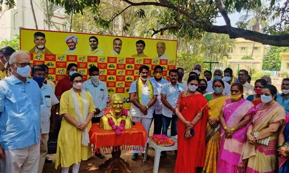 TDP leaders P Ashok Gajapathi Raju, Aditi Gajapathi Raju and others taking part in the 40th Foundation Day celebrations of the party in Vizianagaram on Monday