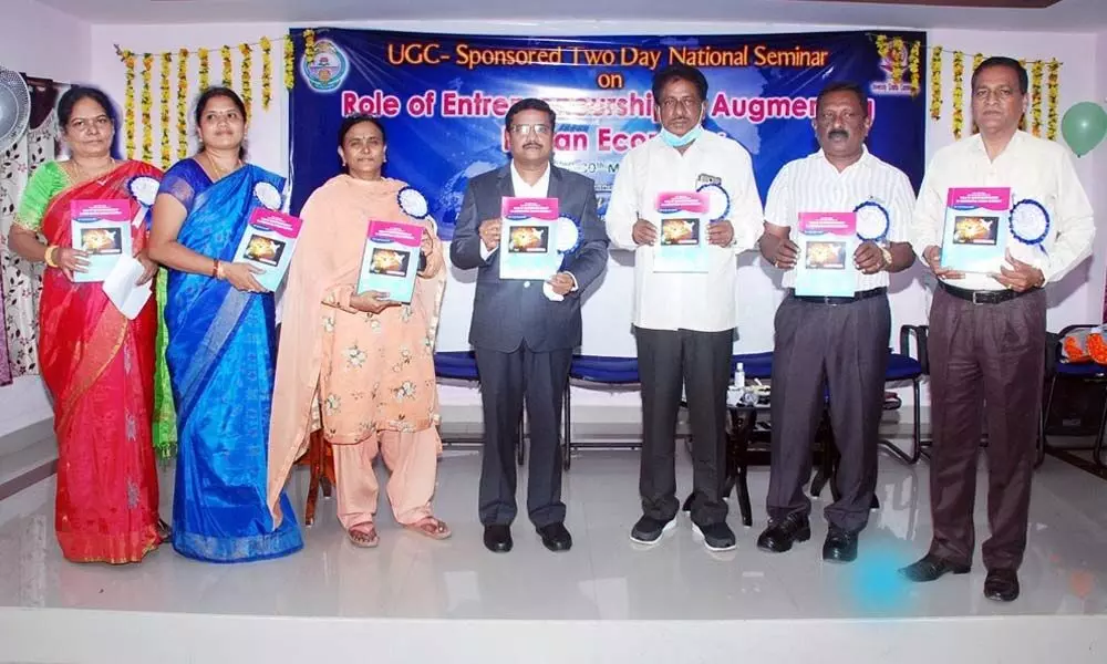Guests participating in the national seminar on ANU PG campus in Ongole on Monday