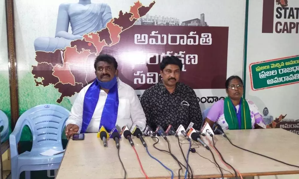 Dalit Bahujan Front leaders Melam Bhagya Rao, Martin Luther and Suvarna Kumari addressing the media in Vijayawada on Monday