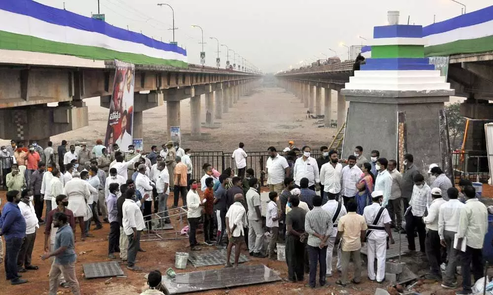 Ministers and officials at the Varadhi on Tuesday for the CM programme