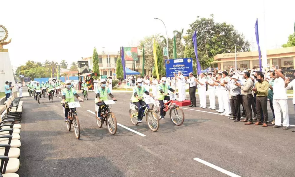 Vice-Admiral K Srinivas flagging off Naval Dockyard employees’ rally in Visakhapatnam on Tuesday