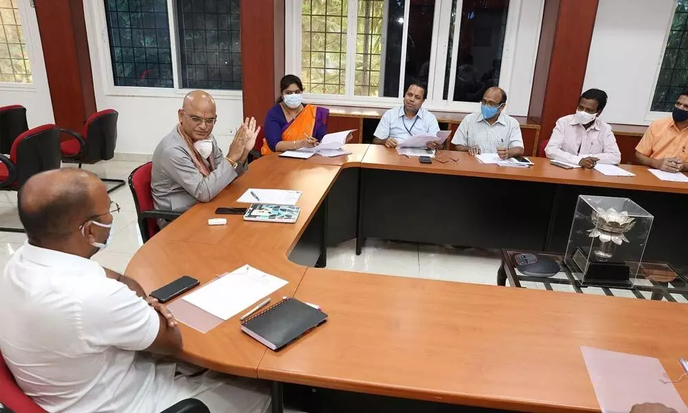 TTD EO K S Jawahar Reddy addressing senior officials at a meeting in Tirupati on Tuesday