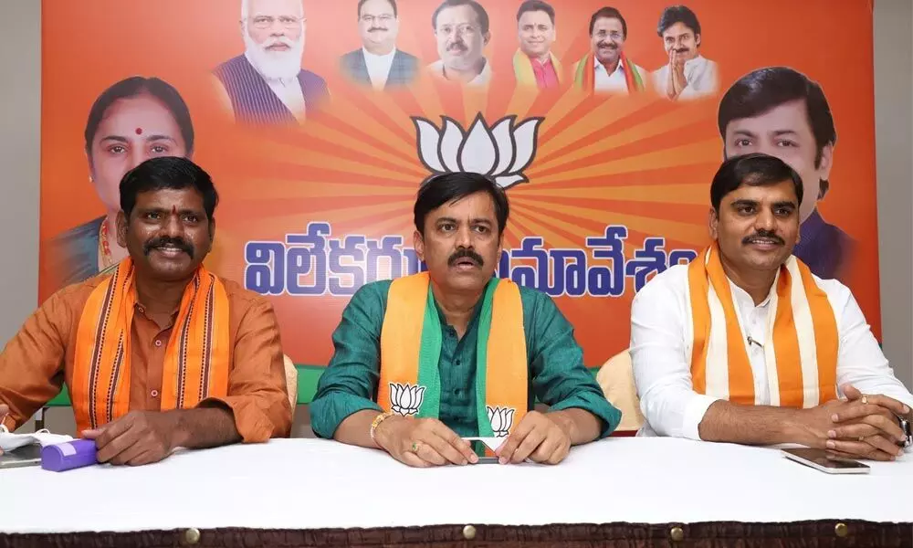 BJP Rajya Sabha MP GVL Narasimha Rao addressing the media in Tirupati on Tuesday