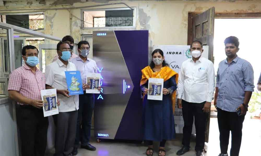 Municipal Commissioner Pamela Satpathy at the inauguration of disinfectant machine in Warangal on Wednesday